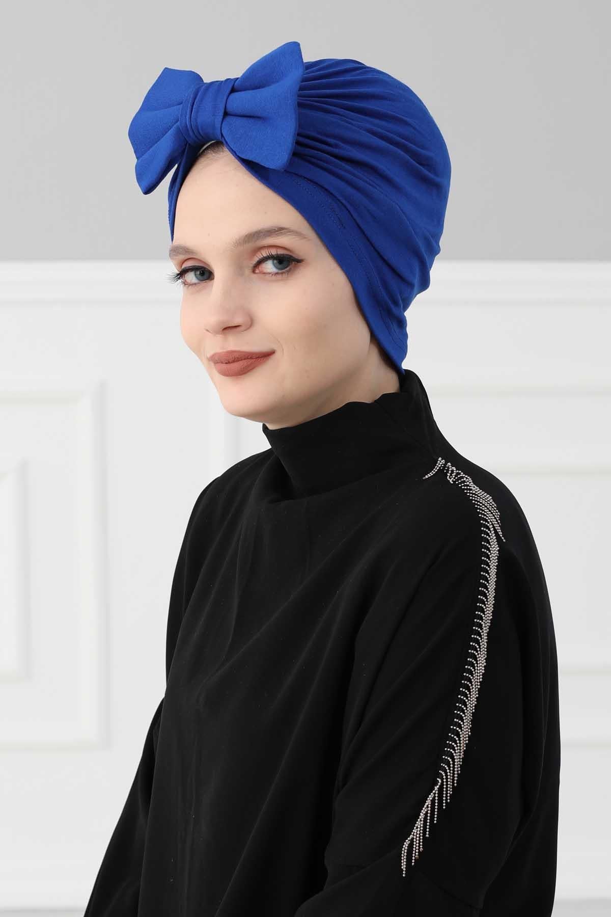 Plain Cotton Instant Turban with a Removable Big Bowtie, Chic Bonnet Scarf Head Wrap for Women, Comfortable and Stylish Chemo Headwear,B-27 Sax Blue