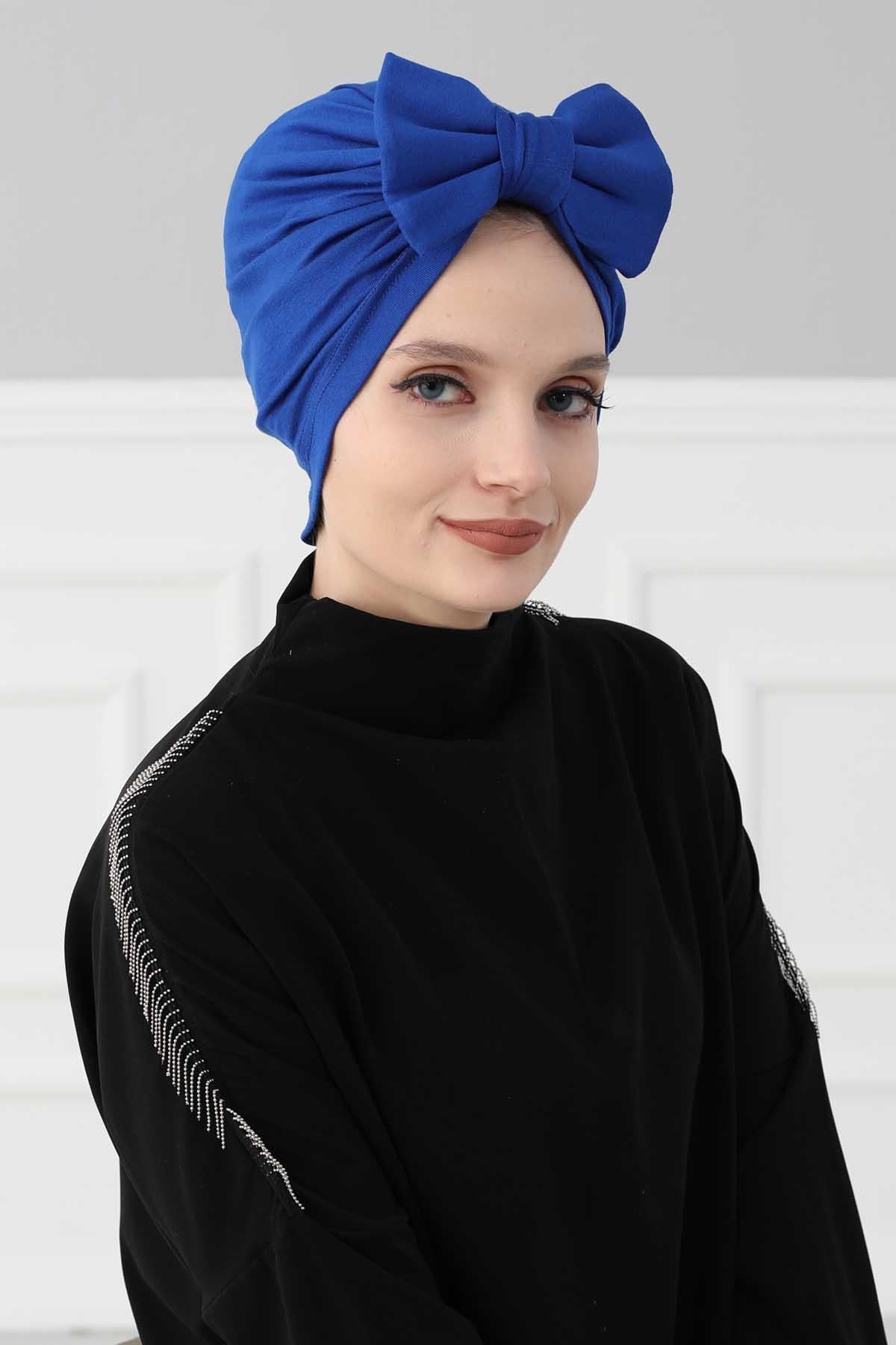 Plain Cotton Instant Turban with a Removable Big Bowtie, Chic Bonnet Scarf Head Wrap for Women, Comfortable and Stylish Chemo Headwear,B-27 Sax Blue