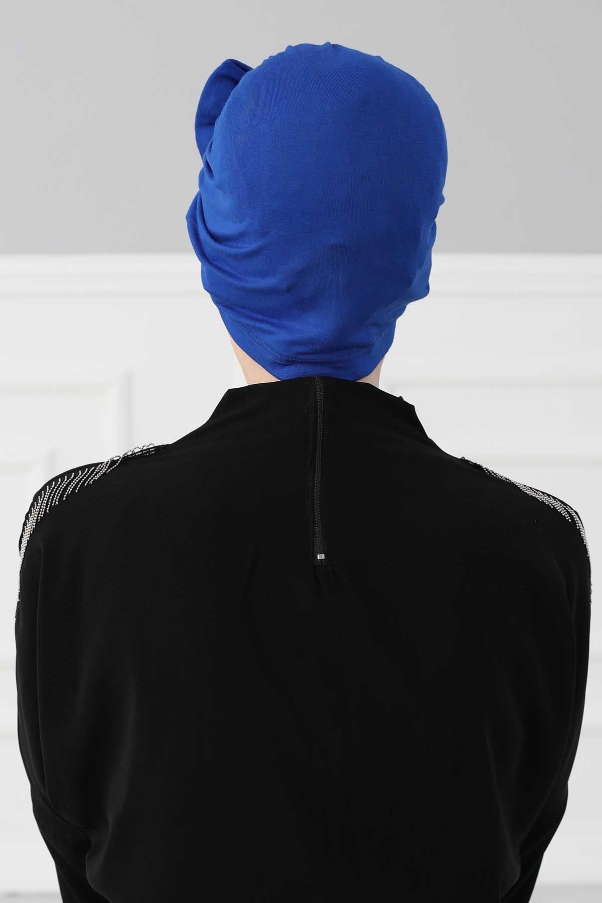 Plain Cotton Instant Turban with a Removable Big Bowtie, Chic Bonnet Scarf Head Wrap for Women, Comfortable and Stylish Chemo Headwear,B-27 Sax Blue