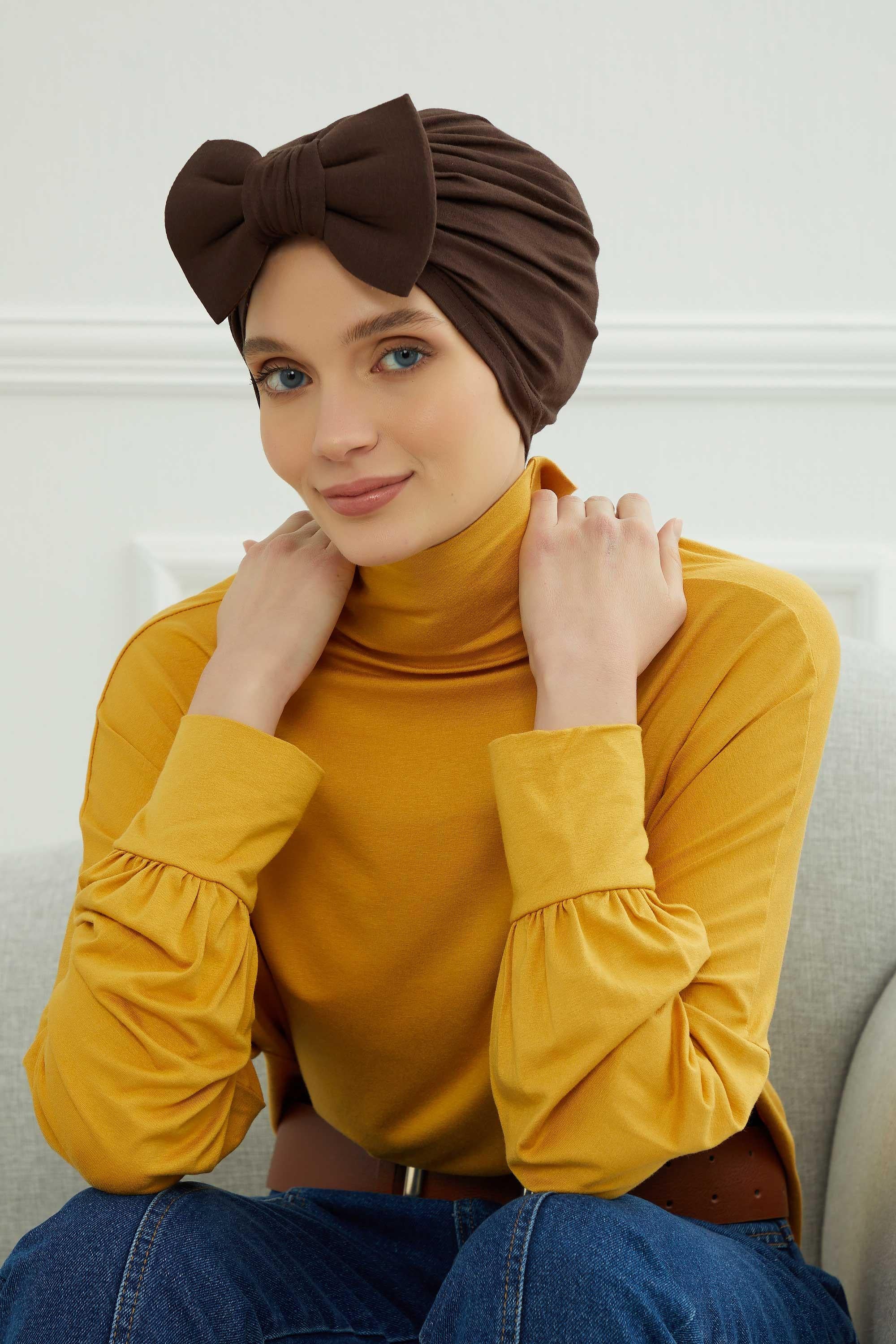 Plain Cotton Instant Turban with a Removable Big Bowtie, Chic Bonnet Scarf Head Wrap for Women, Comfortable and Stylish Chemo Headwear,B-27 Brown