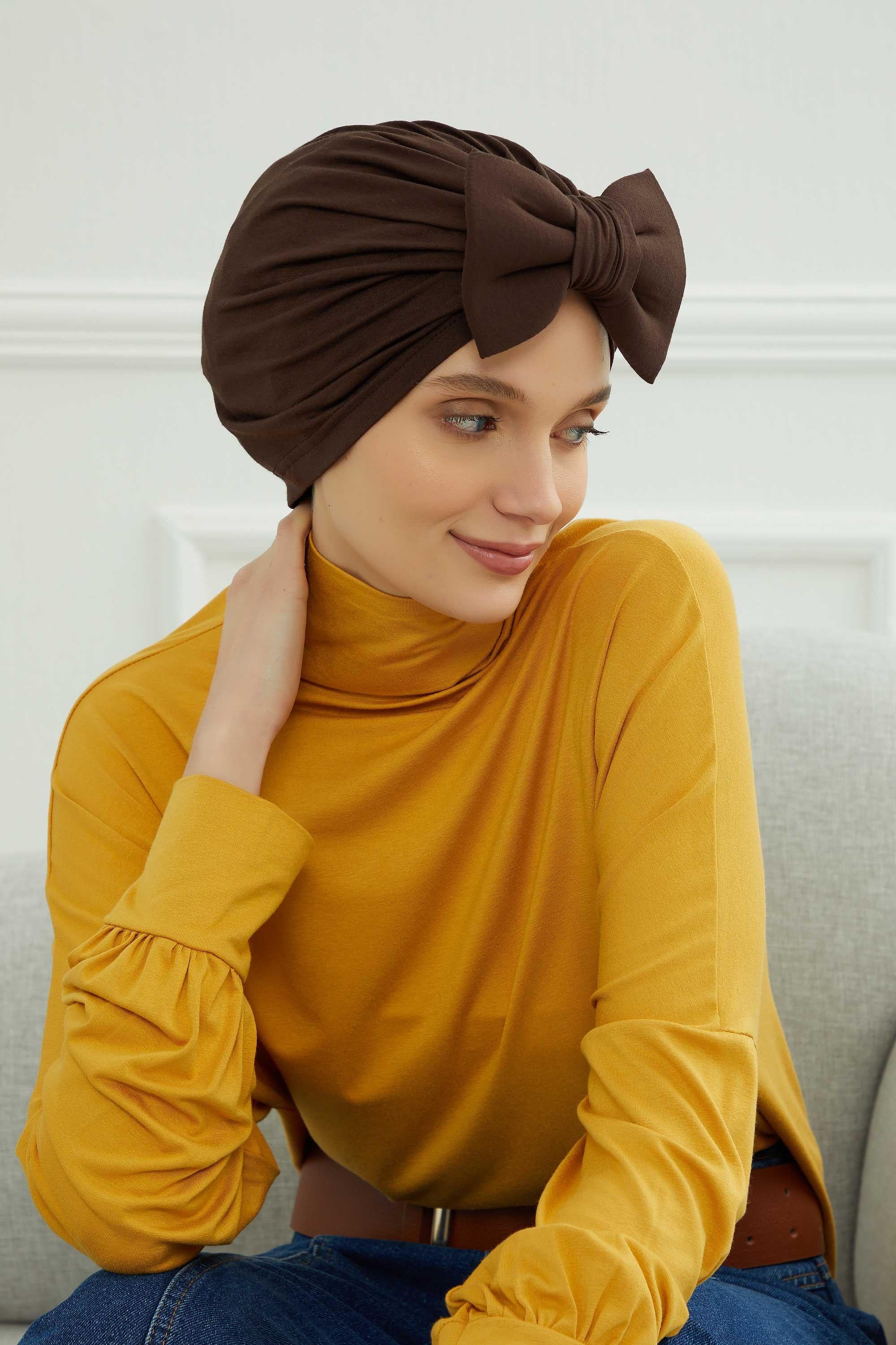 Plain Cotton Instant Turban with a Removable Big Bowtie, Chic Bonnet Scarf Head Wrap for Women, Comfortable and Stylish Chemo Headwear,B-27 Brown