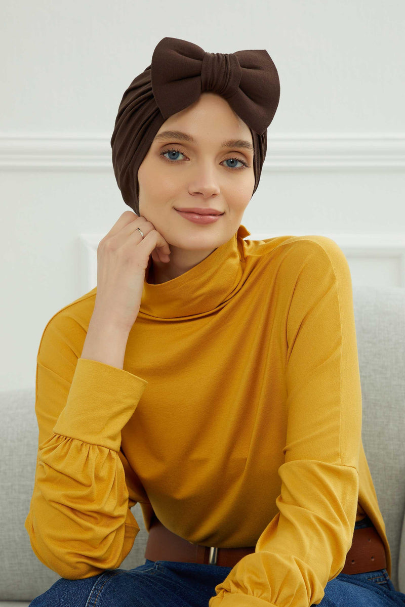 Plain Cotton Instant Turban with a Removable Big Bowtie, Chic Bonnnet Scarf Head Wrap for Women, Comfortable and Stylish Chemo Headwear,B-27 Sand Brown