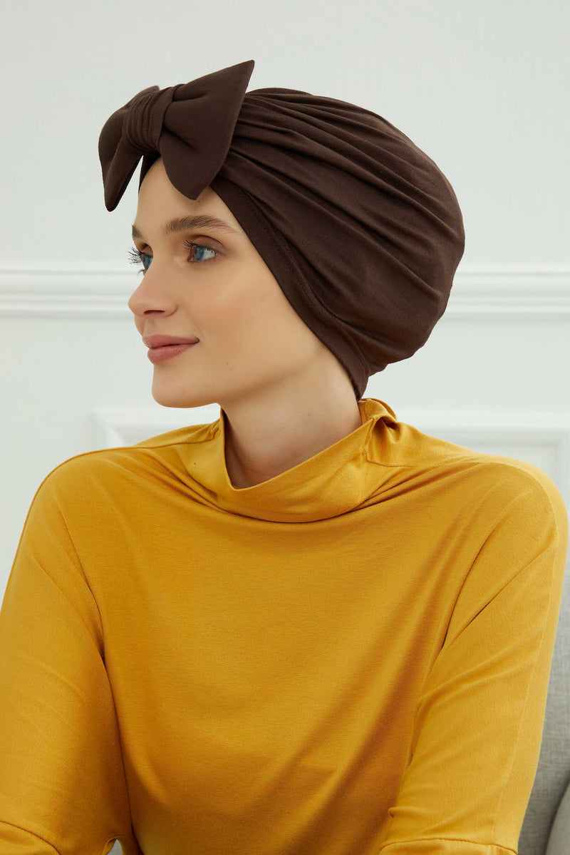 Plain Cotton Instant Turban with a Removable Big Bowtie, Chic Bonnnet Scarf Head Wrap for Women, Comfortable and Stylish Chemo Headwear,B-27 Sand Brown