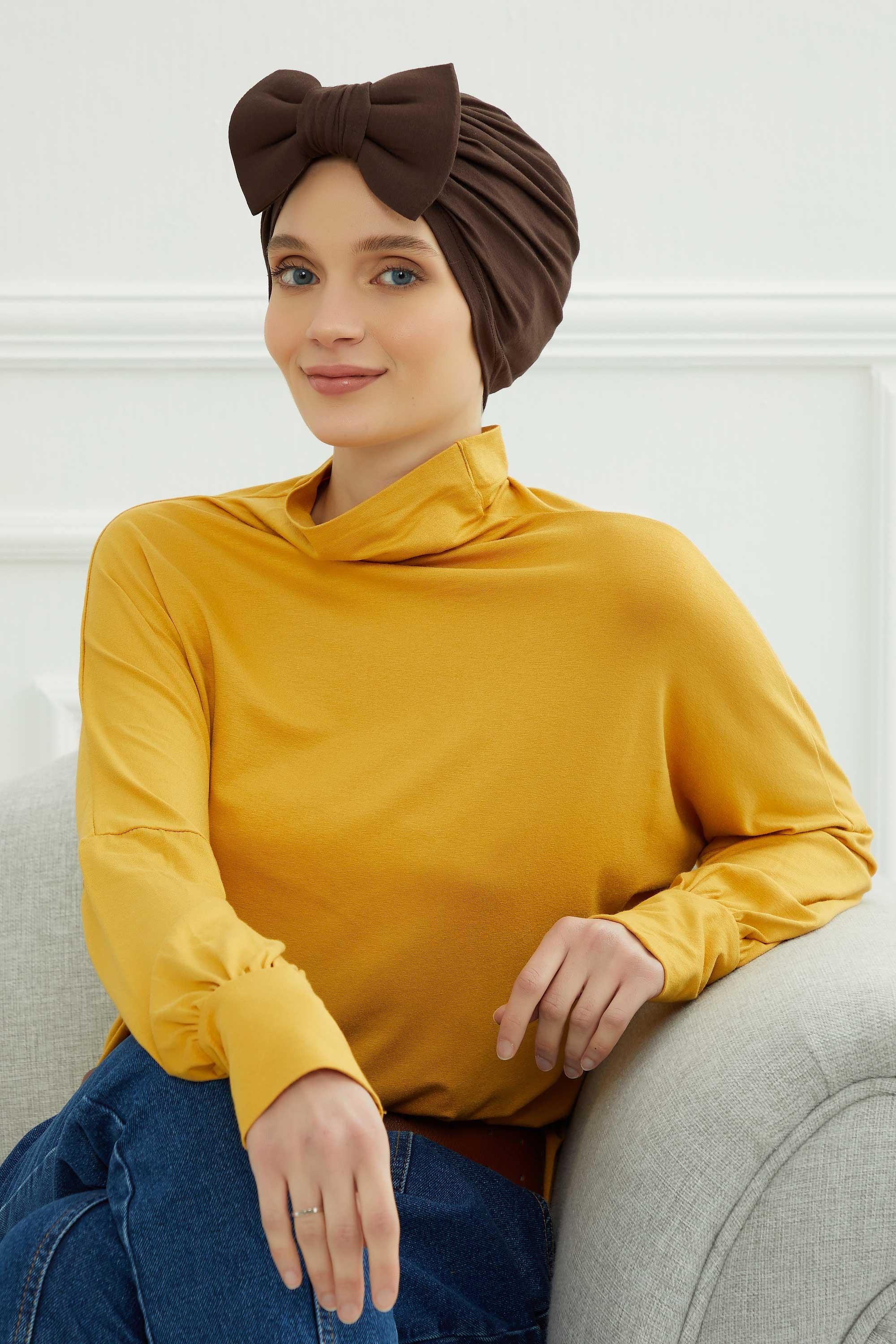 Plain Cotton Instant Turban with a Removable Big Bowtie, Chic Bonnet Scarf Head Wrap for Women, Comfortable and Stylish Chemo Headwear,B-27 Brown