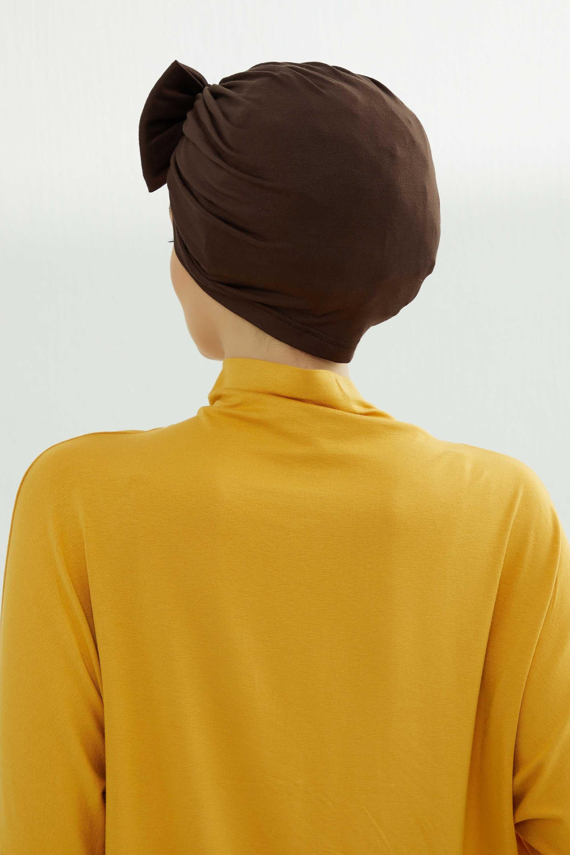 Plain Cotton Instant Turban with a Removable Big Bowtie, Chic Bonnet Scarf Head Wrap for Women, Comfortable and Stylish Chemo Headwear,B-27 Brown