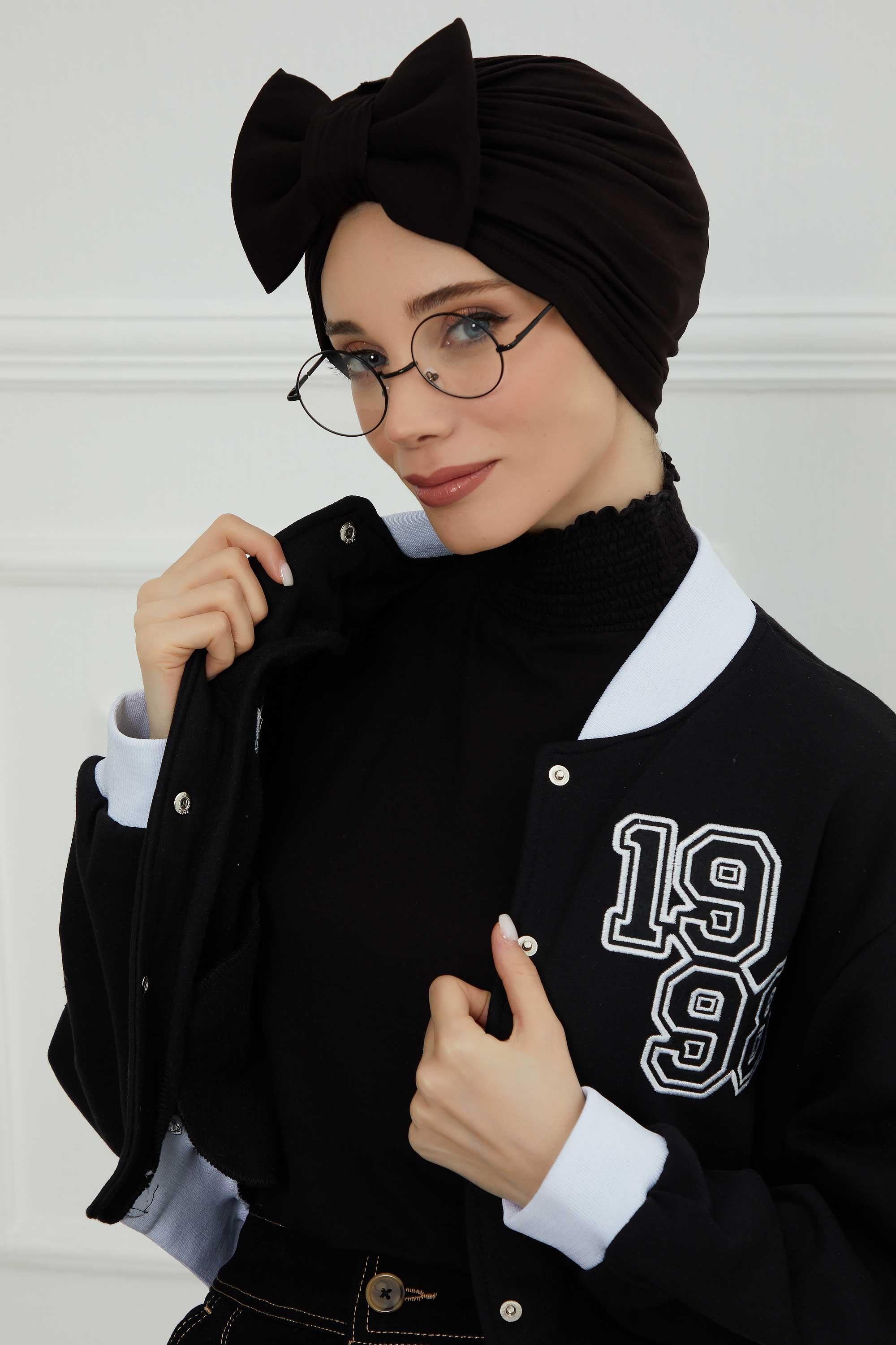 Plain Cotton Instant Turban with a Removable Big Bowtie, Chic Bonnet Scarf Head Wrap for Women, Comfortable and Stylish Chemo Headwear,B-27 Black