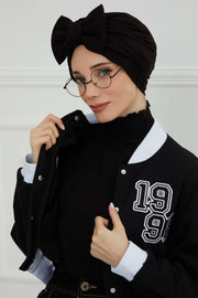 Plain Cotton Instant Turban with a Removable Big Bowtie, Chic Bonnnet Scarf Head Wrap for Women, Comfortable and Stylish Chemo Headwear,B-27 Black