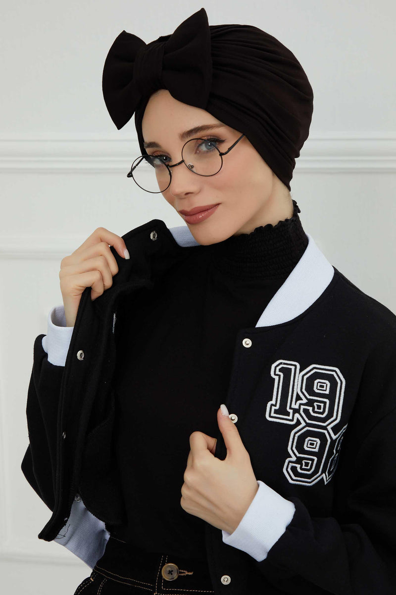 Plain Cotton Instant Turban with a Removable Big Bowtie, Chic Bonnnet Scarf Head Wrap for Women, Comfortable and Stylish Chemo Headwear,B-27 Black