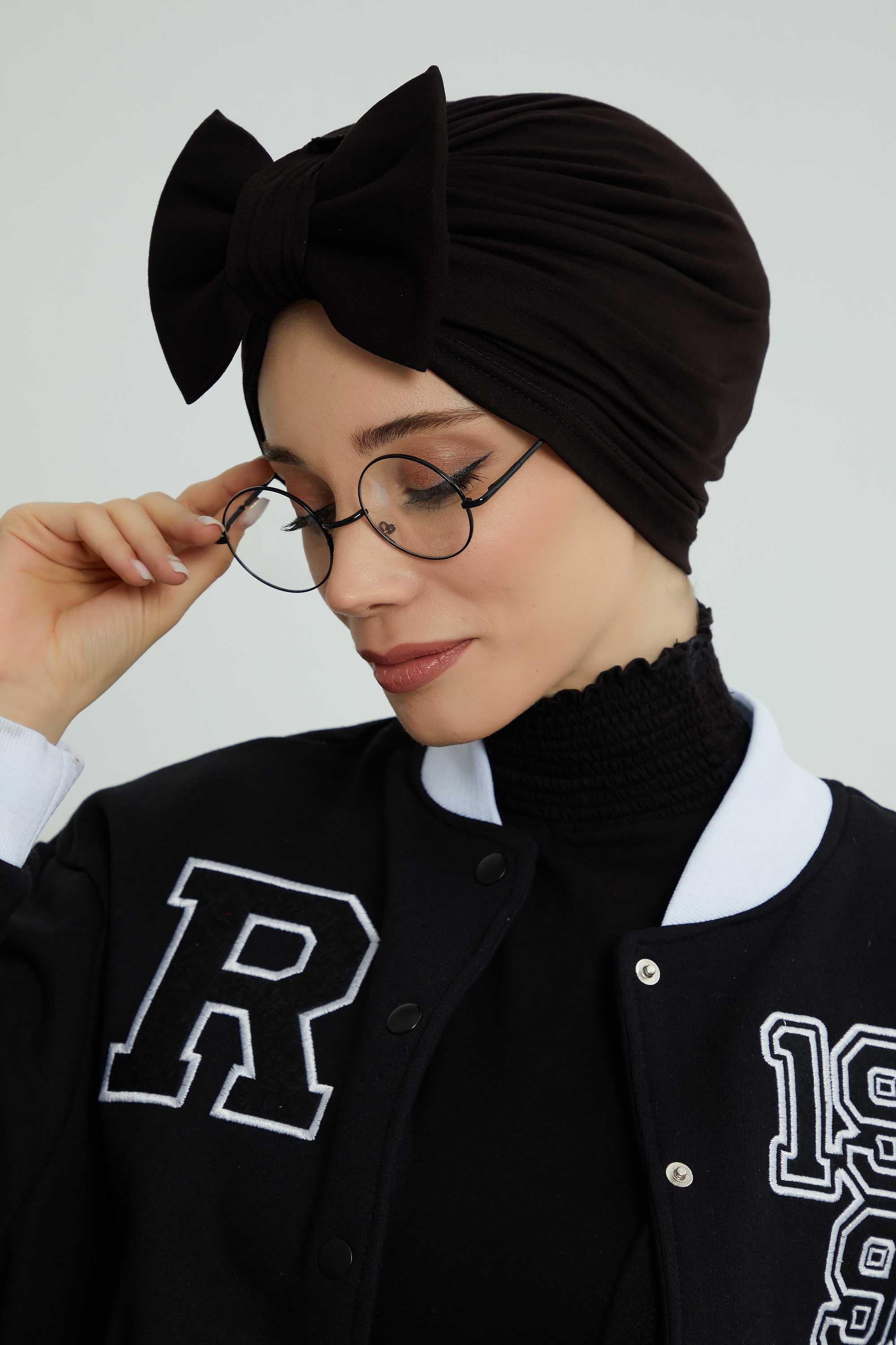 Plain Cotton Instant Turban with a Removable Big Bowtie, Chic Bonnet Scarf Head Wrap for Women, Comfortable and Stylish Chemo Headwear,B-27 Black