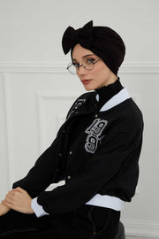 Plain Cotton Instant Turban with a Removable Big Bowtie, Chic Bonnnet Scarf Head Wrap for Women, Comfortable and Stylish Chemo Headwear,B-27 Black