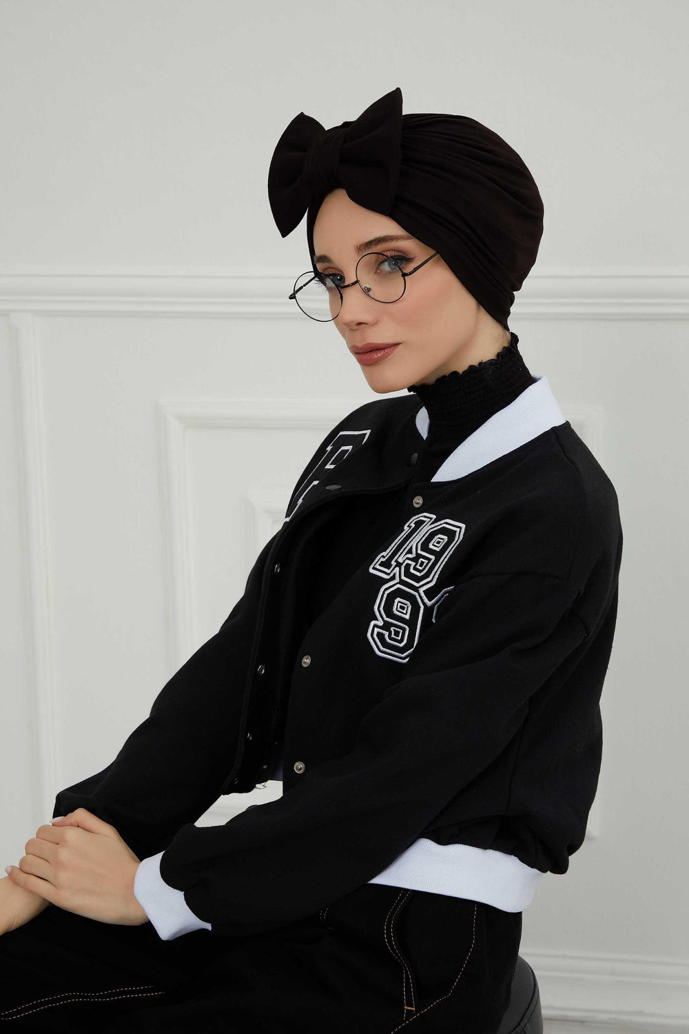 Plain Cotton Instant Turban with a Removable Big Bowtie, Chic Bonnet Scarf Head Wrap for Women, Comfortable and Stylish Chemo Headwear,B-27 Black