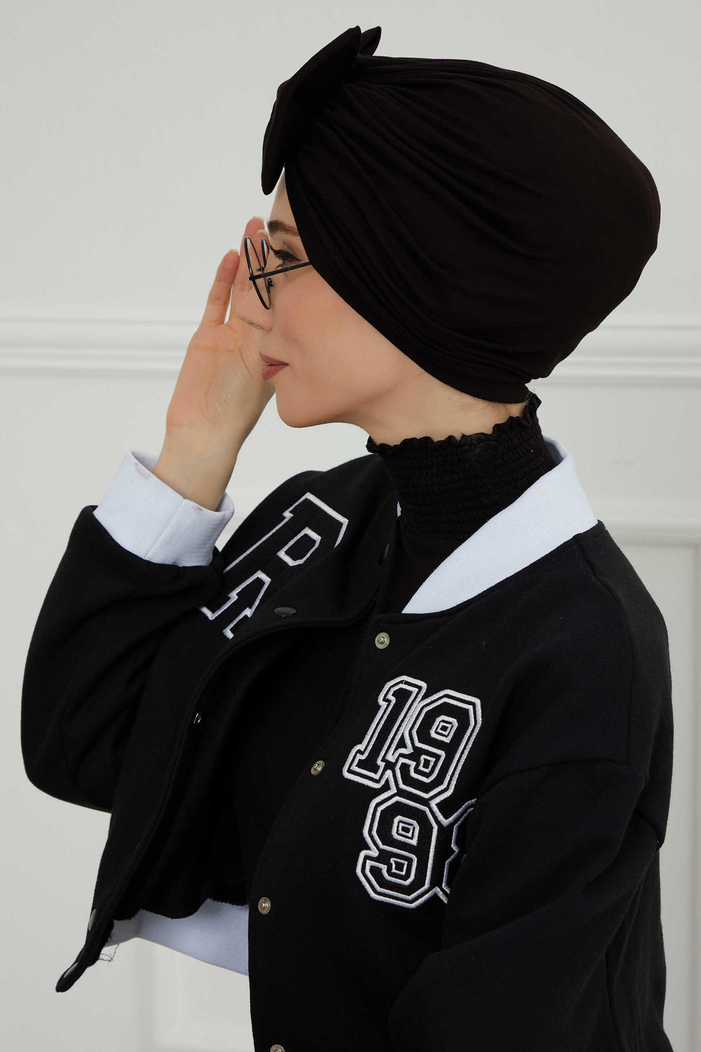 Plain Cotton Instant Turban with a Removable Big Bowtie, Chic Bonnet Scarf Head Wrap for Women, Comfortable and Stylish Chemo Headwear,B-27 Black