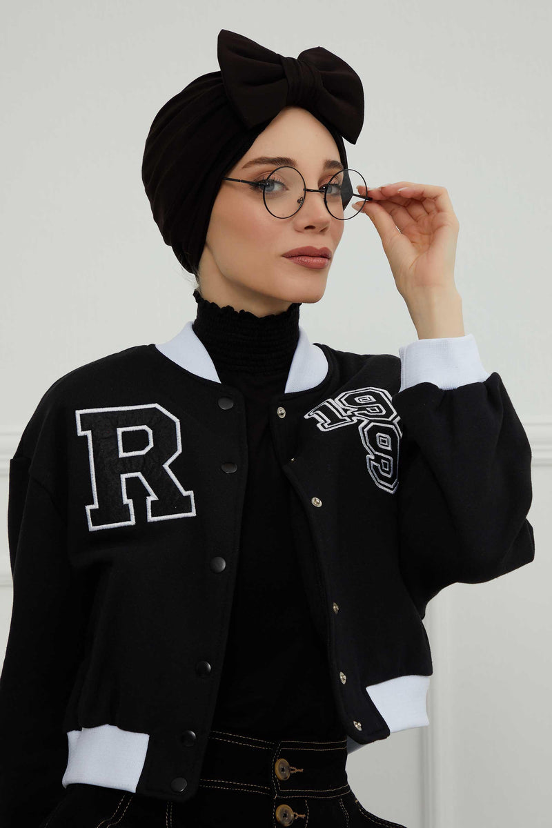 Plain Cotton Instant Turban with a Removable Big Bowtie, Chic Bonnnet Scarf Head Wrap for Women, Comfortable and Stylish Chemo Headwear,B-27 Black