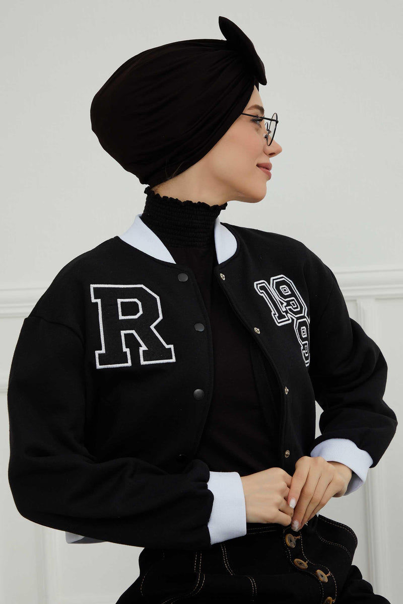 Plain Cotton Instant Turban with a Removable Big Bowtie, Chic Bonnnet Scarf Head Wrap for Women, Comfortable and Stylish Chemo Headwear,B-27 Black