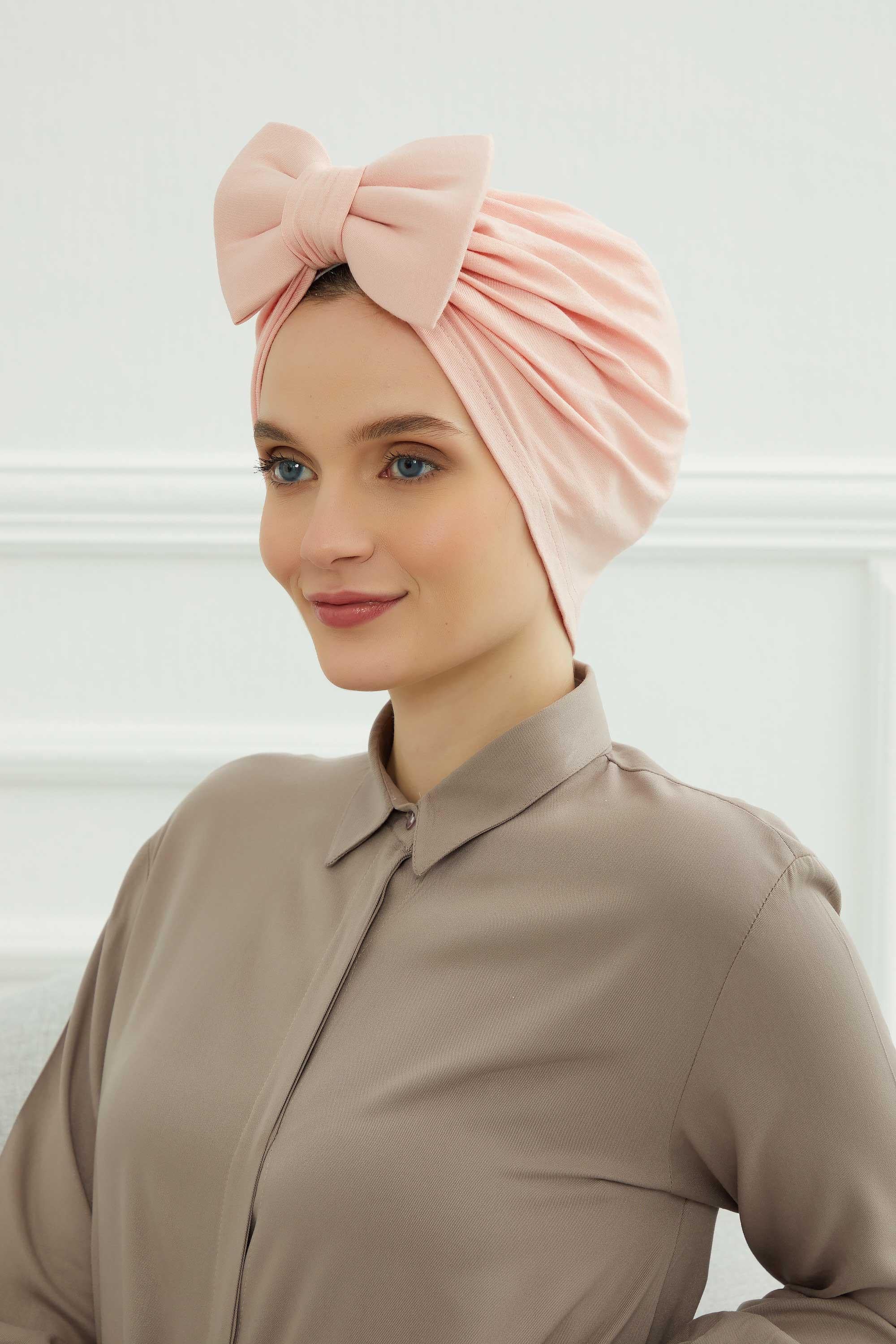 Plain Cotton Instant Turban with a Removable Big Bowtie, Chic Bonnet Scarf Head Wrap for Women, Comfortable and Stylish Chemo Headwear,B-27 Powder