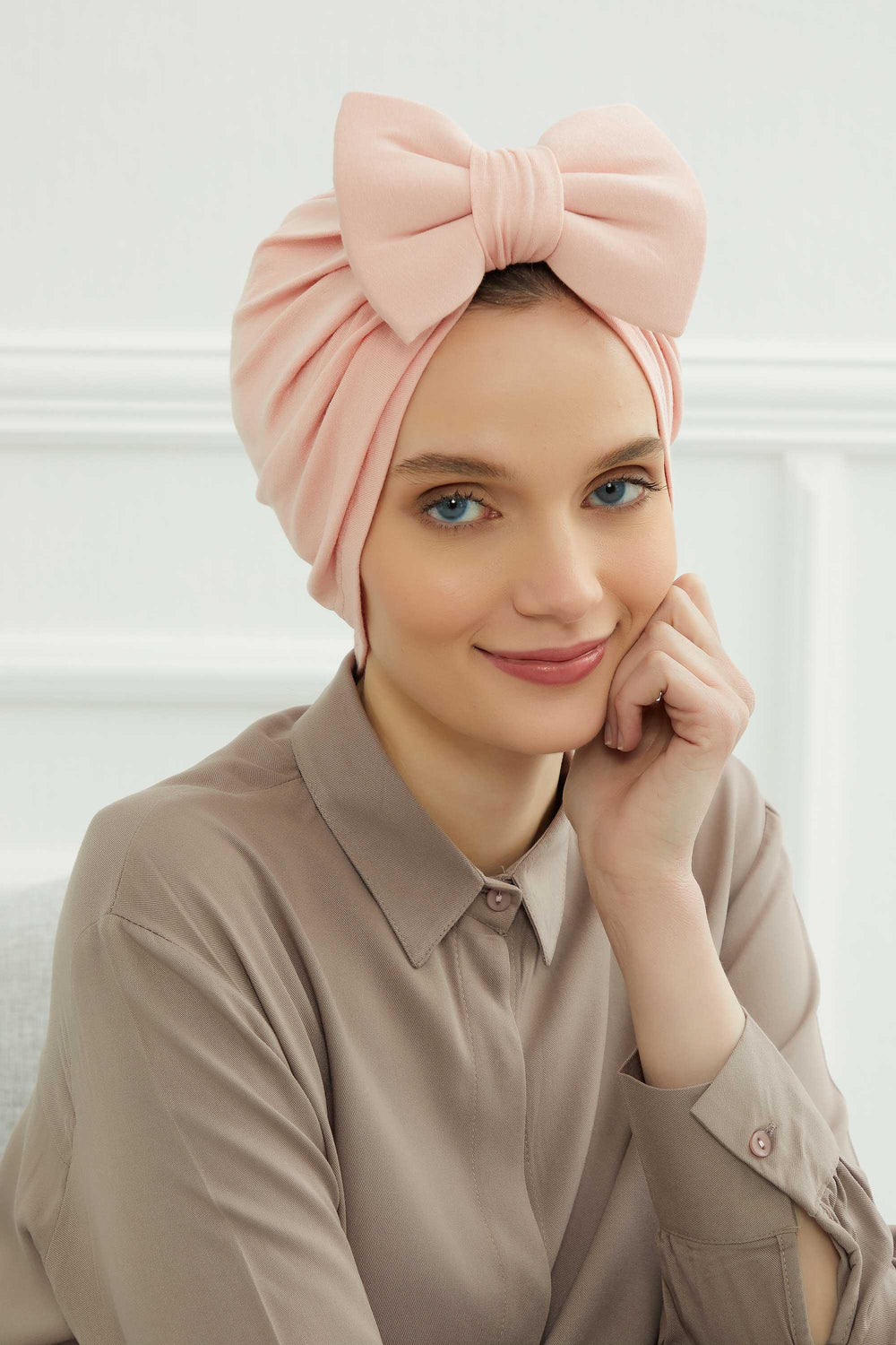 Plain Cotton Instant Turban with a Removable Big Bowtie, Chic Bonnet Scarf Head Wrap for Women, Comfortable and Stylish Chemo Headwear,B-27 Powder