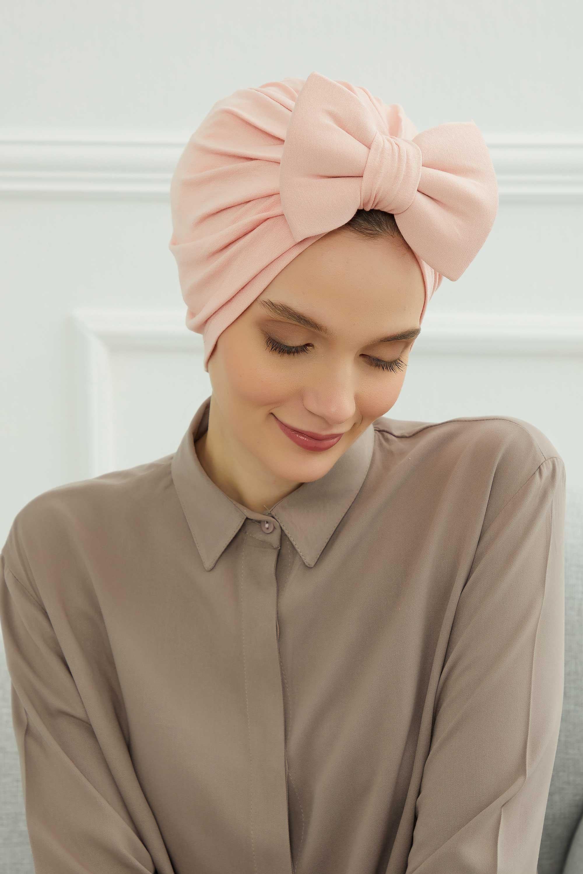 Plain Cotton Instant Turban with a Removable Big Bowtie, Chic Bonnet Scarf Head Wrap for Women, Comfortable and Stylish Chemo Headwear,B-27 Powder