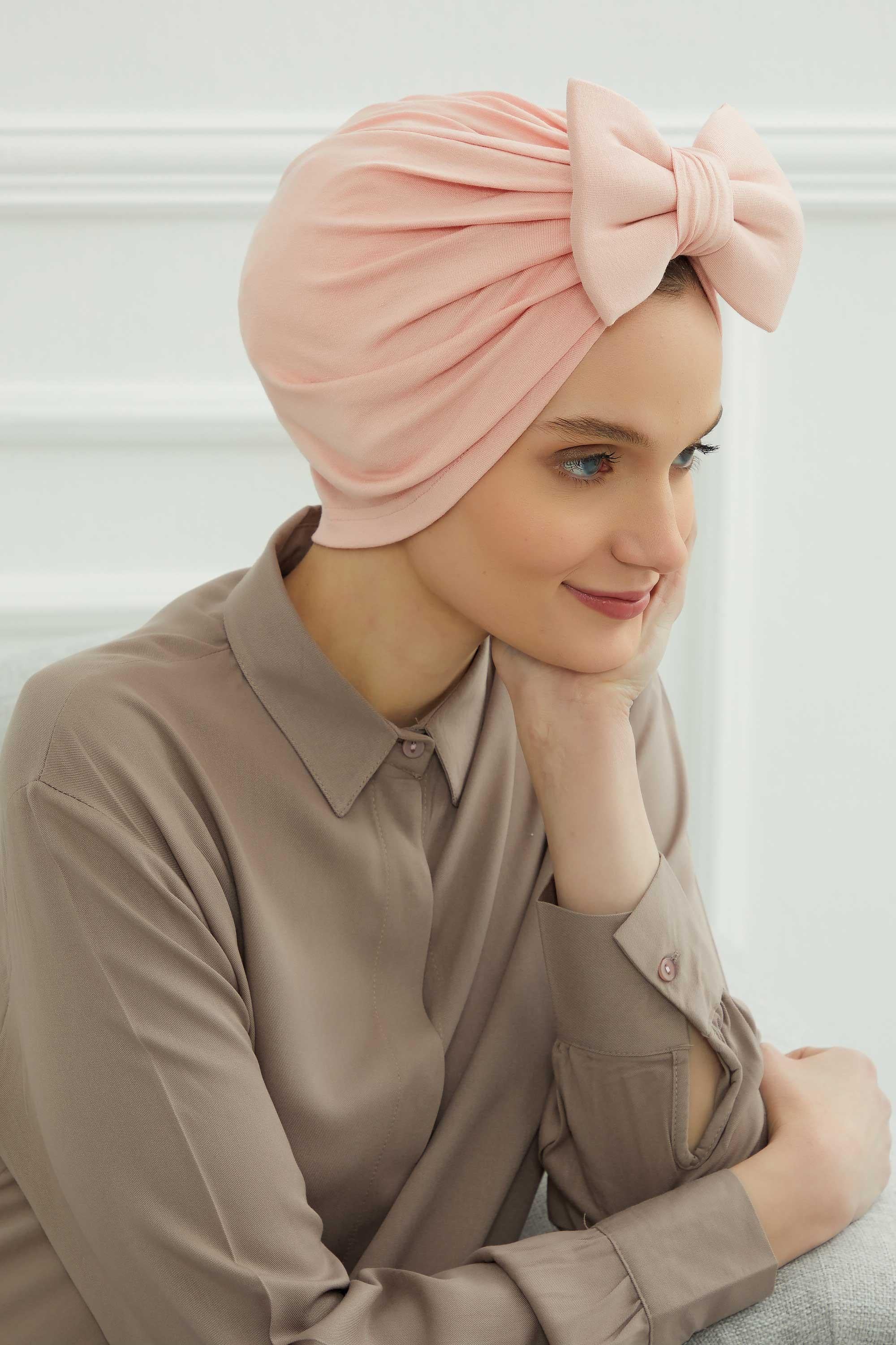 Plain Cotton Instant Turban with a Removable Big Bowtie, Chic Bonnet Scarf Head Wrap for Women, Comfortable and Stylish Chemo Headwear,B-27 Powder