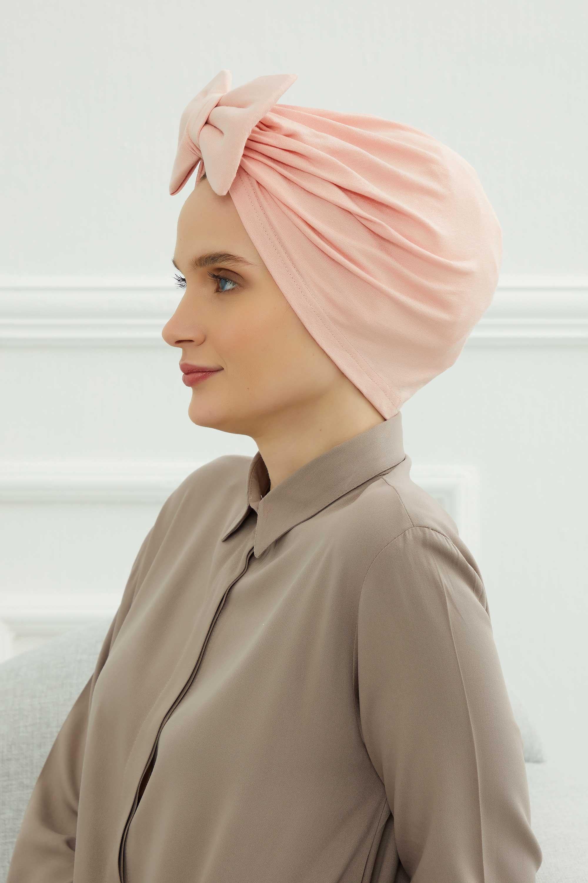 Plain Cotton Instant Turban with a Removable Big Bowtie, Chic Bonnet Scarf Head Wrap for Women, Comfortable and Stylish Chemo Headwear,B-27 Powder