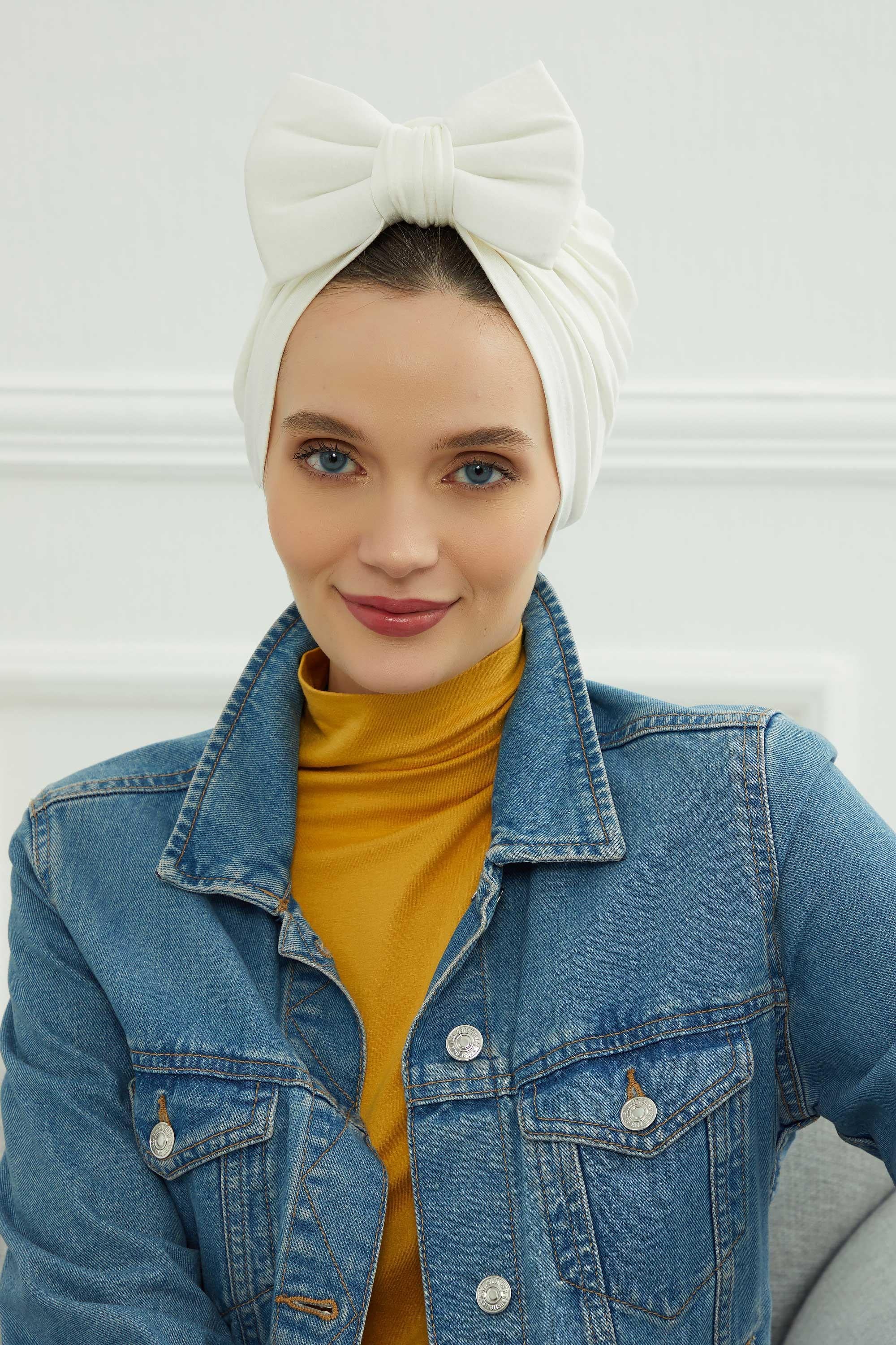 Plain Cotton Instant Turban with a Removable Big Bowtie, Chic Bonnet Scarf Head Wrap for Women, Comfortable and Stylish Chemo Headwear,B-27 Ivory