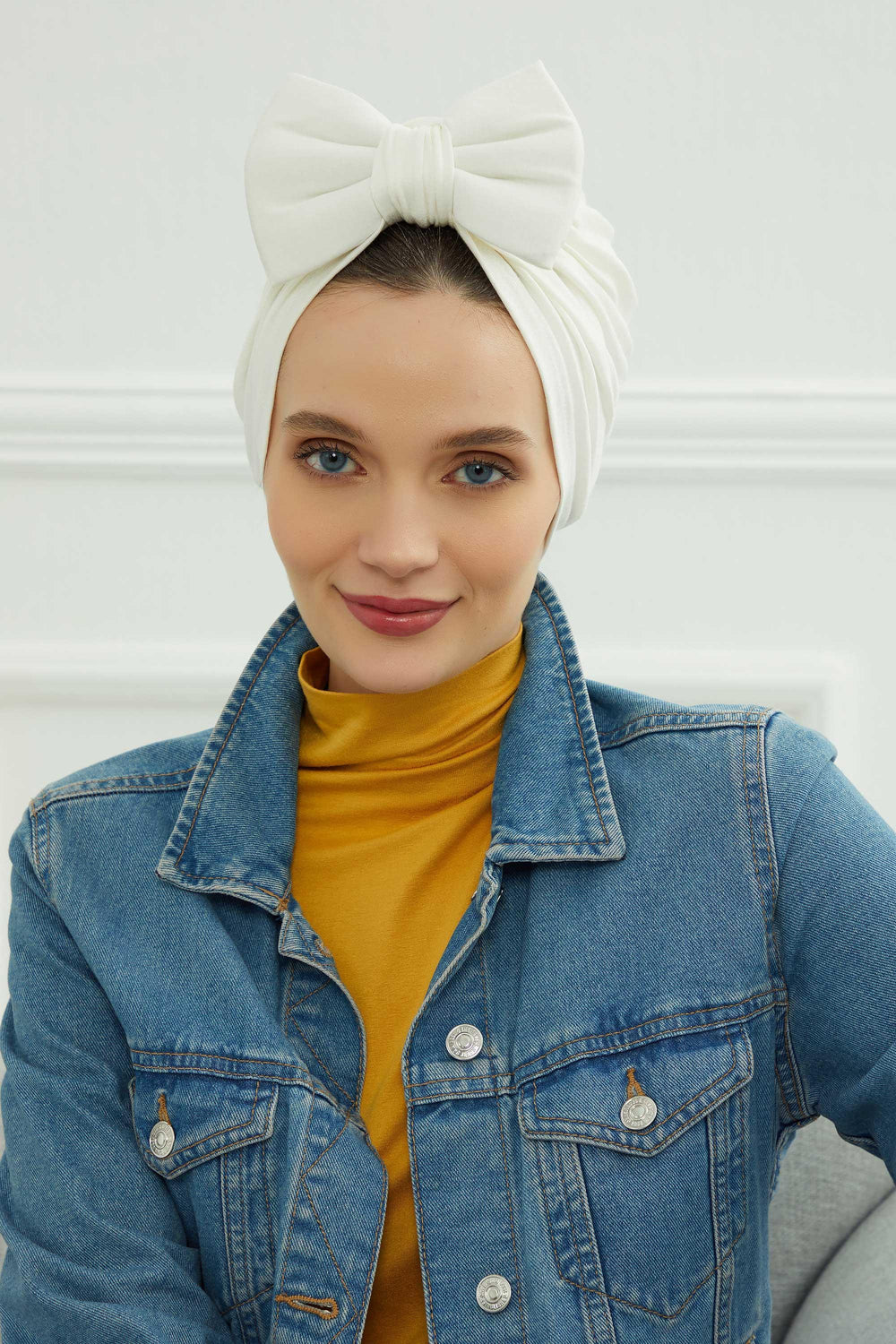 Plain Cotton Instant Turban with a Removable Big Bowtie, Chic Bonnet Scarf Head Wrap for Women, Comfortable and Stylish Chemo Headwear,B-27 Ivory