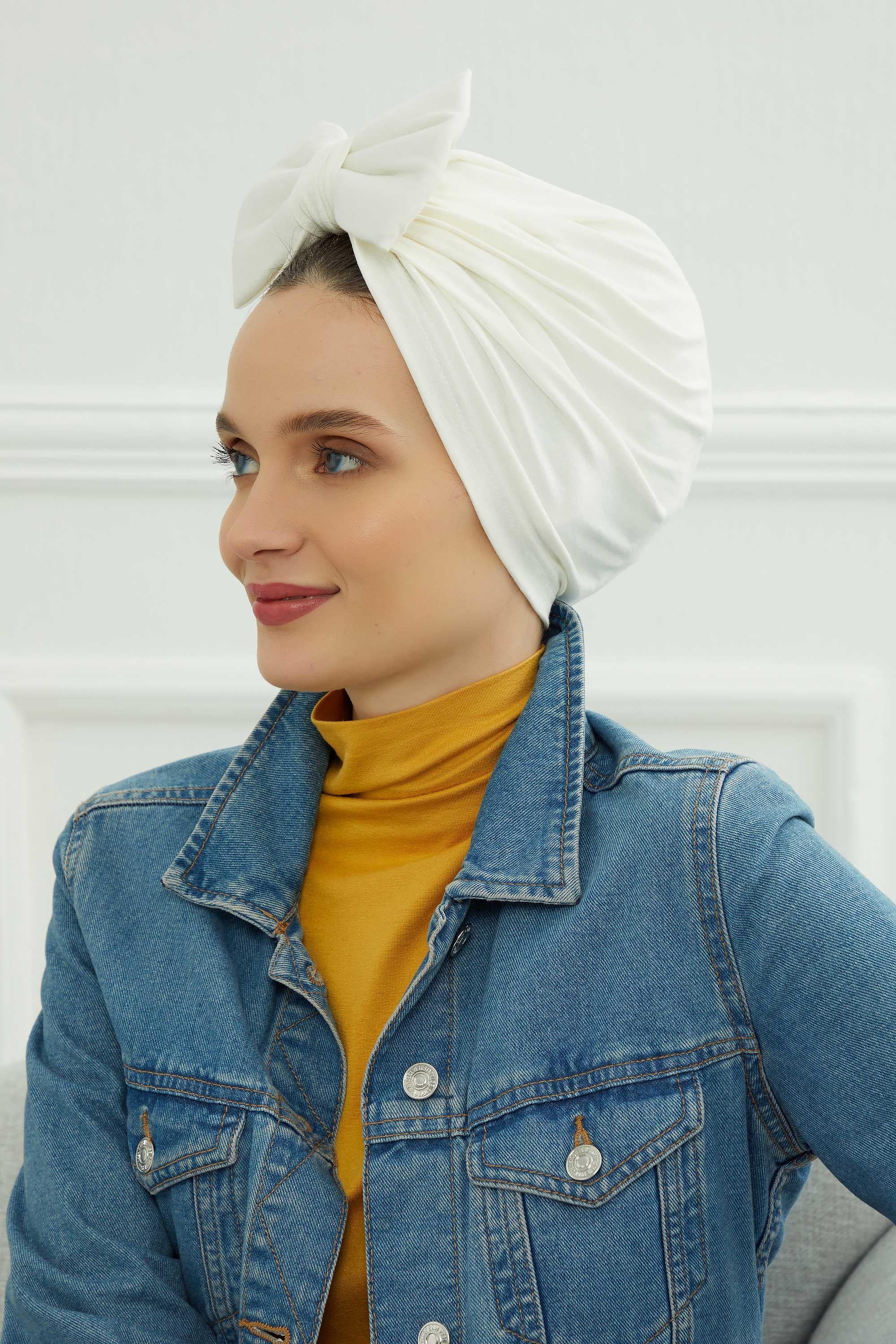 Plain Cotton Instant Turban with a Removable Big Bowtie, Chic Bonnet Scarf Head Wrap for Women, Comfortable and Stylish Chemo Headwear,B-27 Ivory