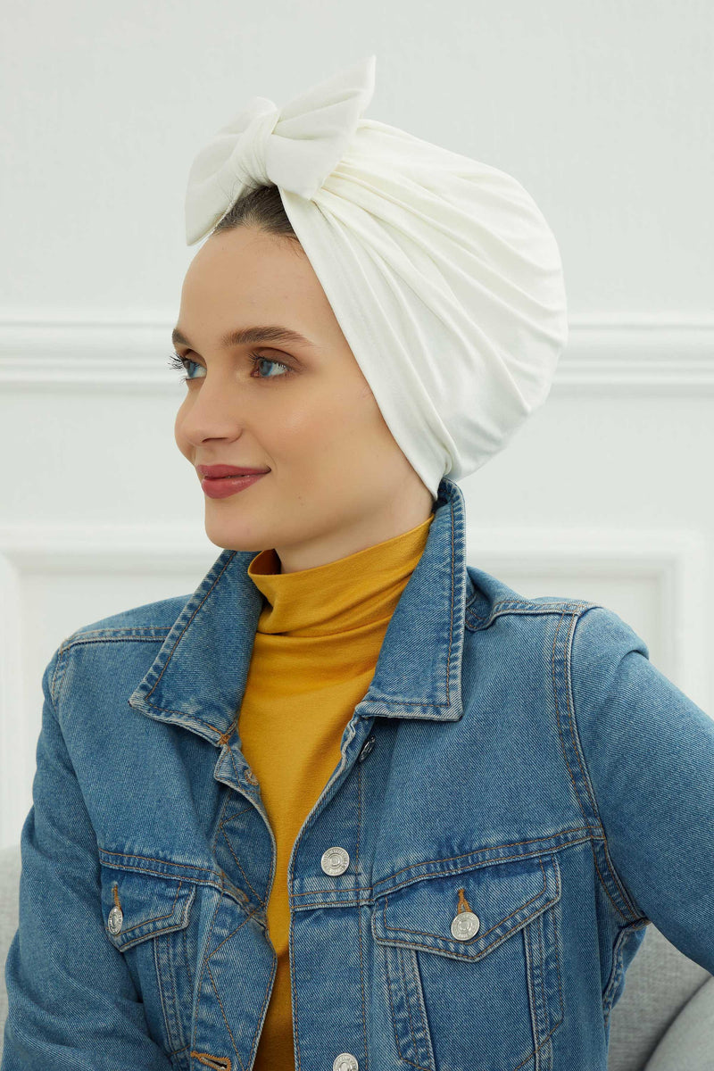 Plain Cotton Instant Turban with a Removable Big Bowtie, Chic Bonnnet Scarf Head Wrap for Women, Comfortable and Stylish Chemo Headwear,B-27 Black