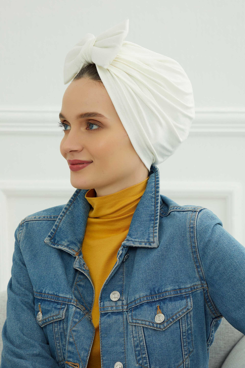 Plain Cotton Instant Turban with a Removable Big Bowtie, Chic Bonnet Scarf Head Wrap for Women, Comfortable and Stylish Chemo Headwear,B-27 Ivory