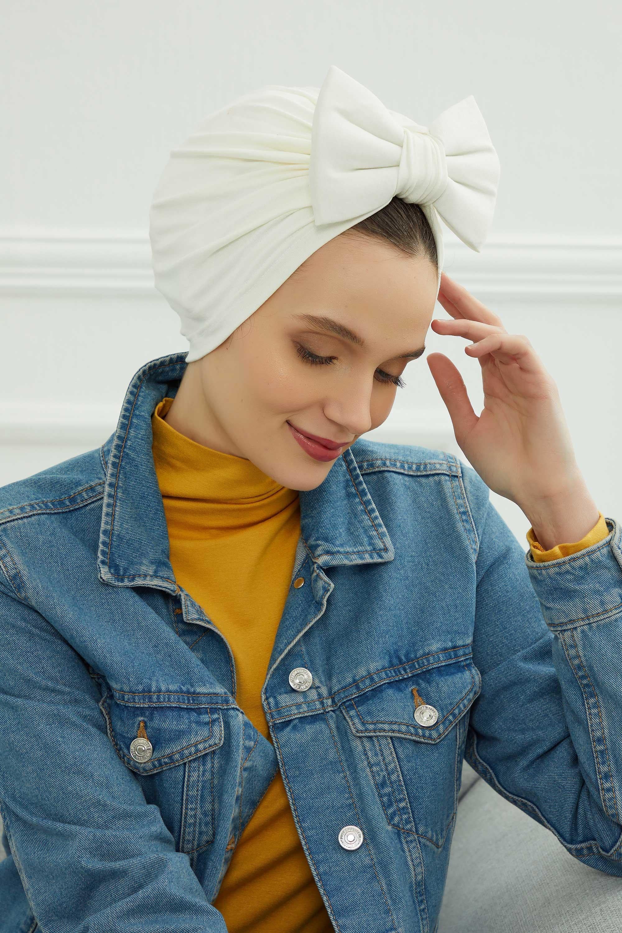 Plain Cotton Instant Turban with a Removable Big Bowtie, Chic Bonnet Scarf Head Wrap for Women, Comfortable and Stylish Chemo Headwear,B-27 Ivory