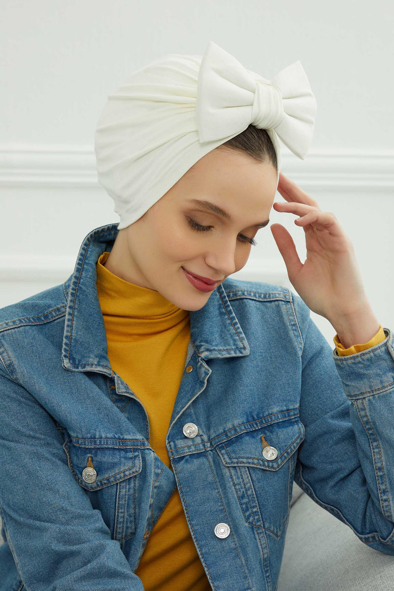 Plain Cotton Instant Turban with a Removable Big Bowtie, Chic Bonnnet Scarf Head Wrap for Women, Comfortable and Stylish Chemo Headwear,B-27 Black