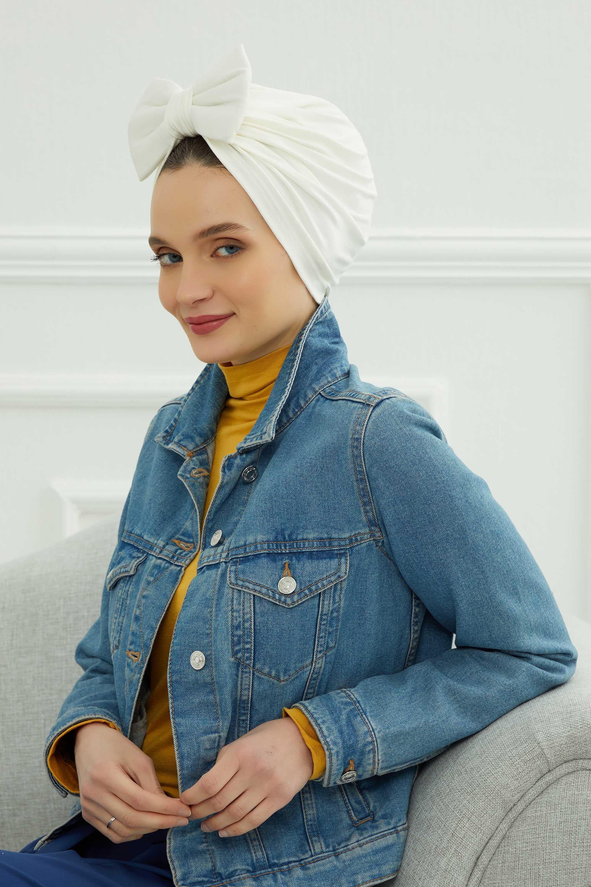 Plain Cotton Instant Turban with a Removable Big Bowtie, Chic Bonnet Scarf Head Wrap for Women, Comfortable and Stylish Chemo Headwear,B-27 Ivory