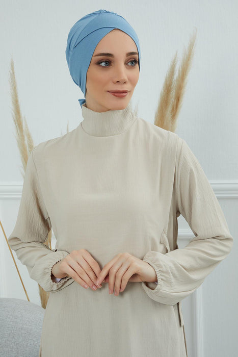 Plain Instant Turban Cotton Scarf Head Wrap, Belted Turban Bonnet for Women, Chic Design Instant Turban Hijab, Plain Chemo Bonnet Cap,B-31 Blue