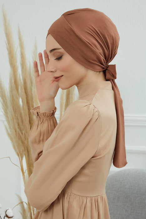 Plain Instant Turban Cotton Scarf Head Wrap, Belted Turban Bonnet for Women, Chic Design Instant Turban Hijab, Plain Chemo Bonnet Cap,B-31 Caramel Brown