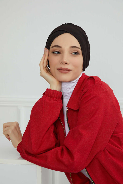 Plain Instant Turban Cotton Scarf Head Wrap, Belted Turban Bonnet for Women, Chic Design Instant Turban Hijab, Plain Chemo Bonnet Cap,B-31 Black