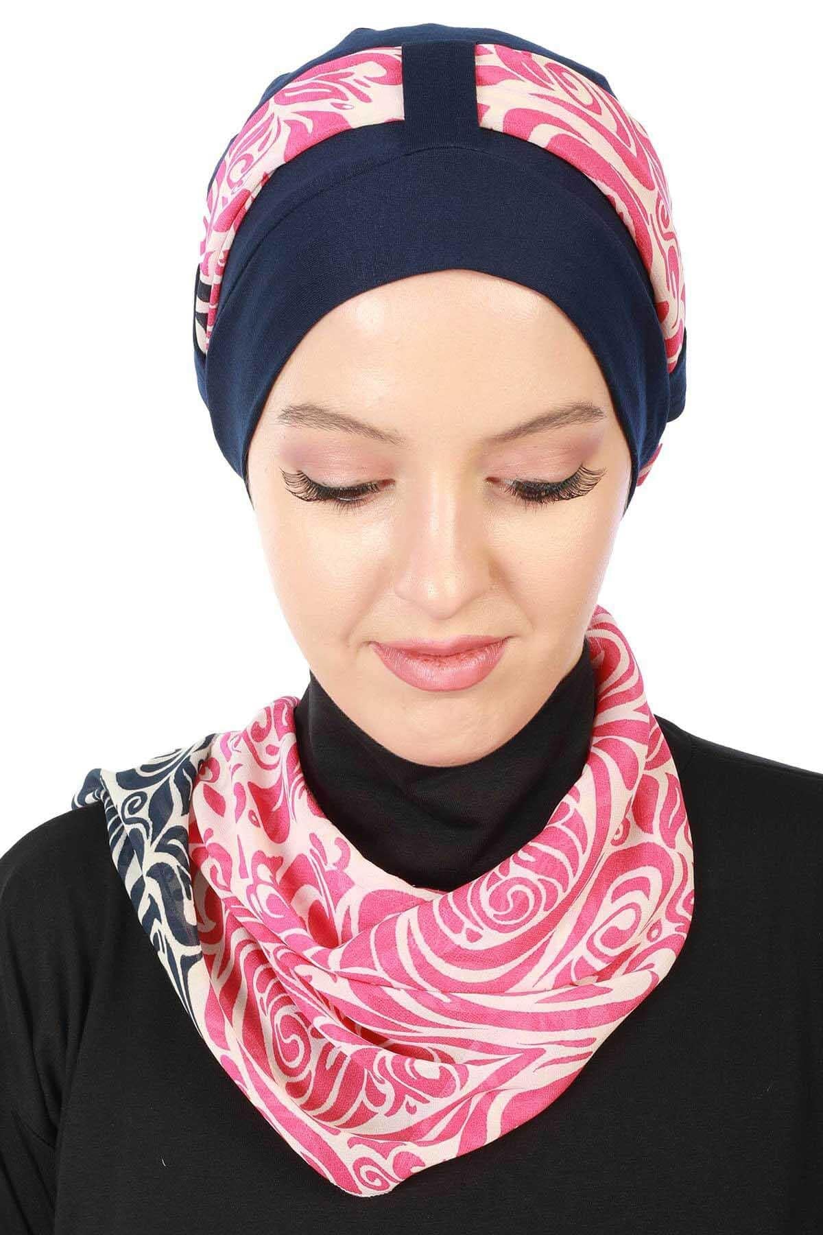 Turban Bonnet Cap with Long Patterned Chiffon Belt, Stylish Cotton Instant Turban, Removable Chiffon Belted Turban Scarf Headwrap,B-36D Navy Blue - Navy Blue Fuchsia