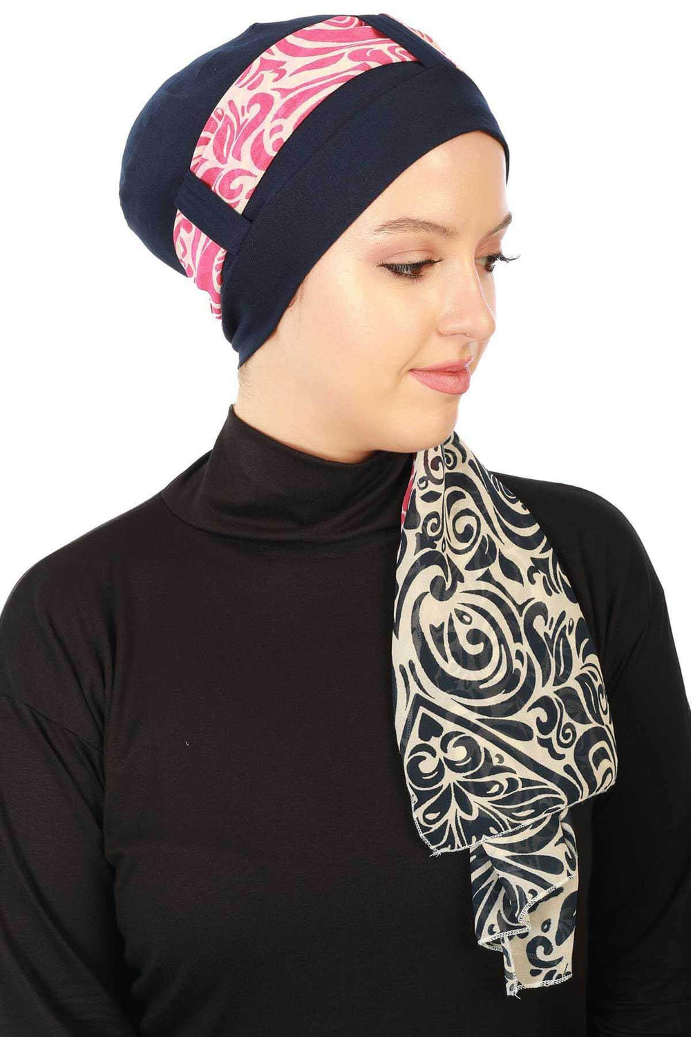 Turban Bonnet Cap with Long Patterned Chiffon Belt, Stylish Cotton Instant Turban, Removable Chiffon Belted Turban Scarf Headwrap,B-36D Navy Blue - Navy Blue Fuchsia