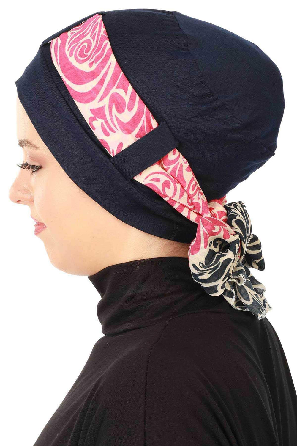 Turban Bonnet Cap with Long Patterned Chiffon Belt, Stylish Cotton Instant Turban, Removable Chiffon Belted Turban Scarf Headwrap,B-36D Navy Blue - Navy Blue Fuchsia
