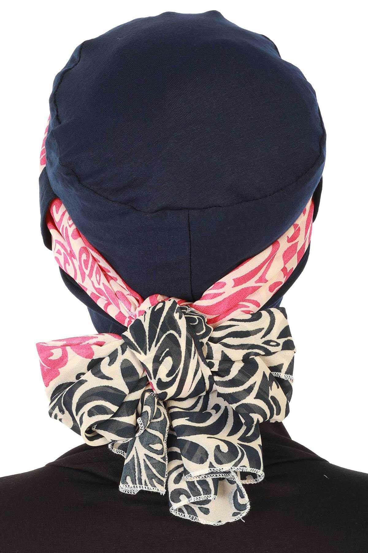 Turban Bonnet Cap with Long Patterned Chiffon Belt, Stylish Cotton Instant Turban, Removable Chiffon Belted Turban Scarf Headwrap,B-36D Navy Blue - Navy Blue Fuchsia