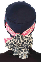 Turban Bonnet Cap with Long Patterned Chiffon Belt, Stylish Cotton Instant Turban, Removable Chiffon Belted Turban Scarf Headwrap,B-36D Navy Blue - Navy Blue Fuchsia