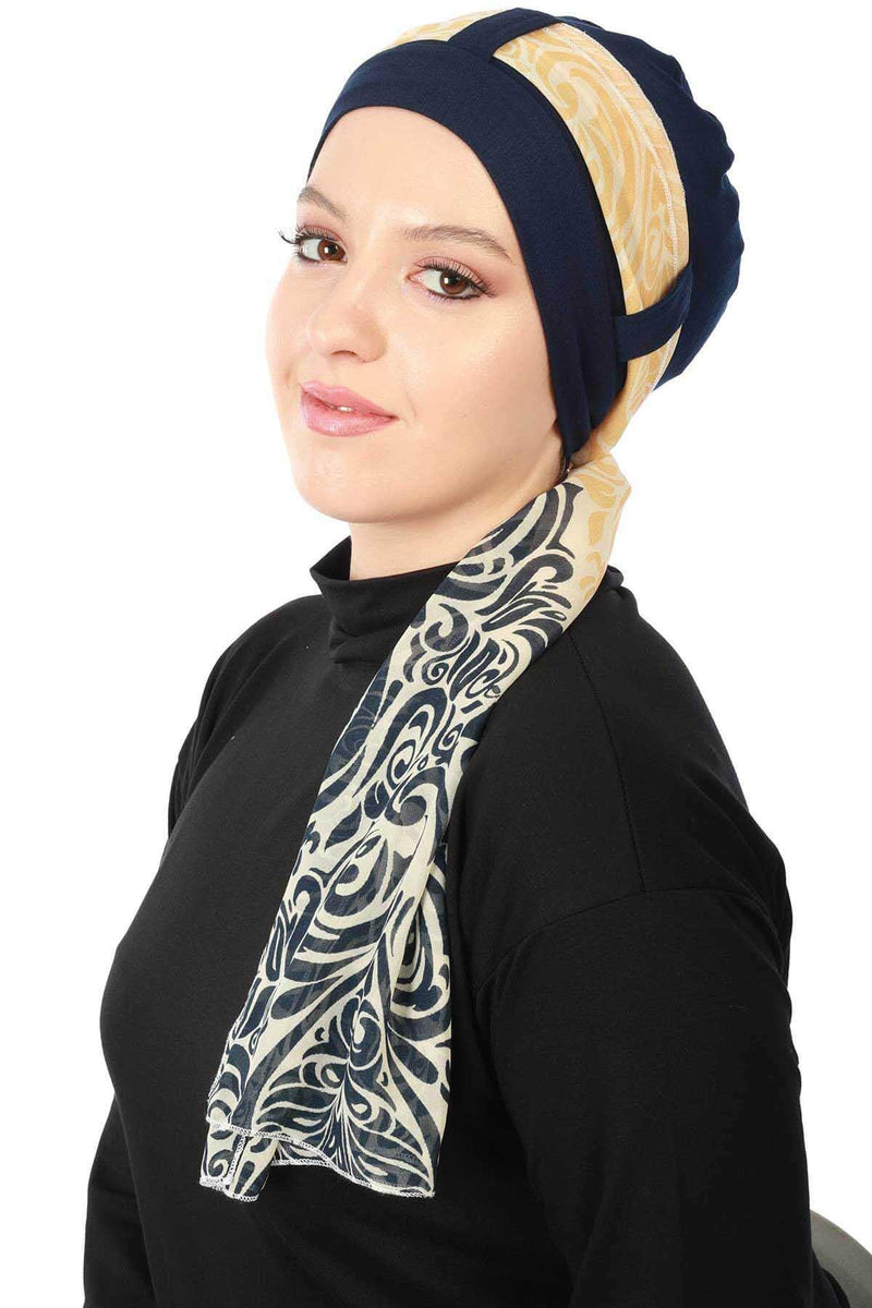 Turban Bonnet Cap with Long Patterned Chiffon Belt, Stylish Cotton Instant Turban, Removable Chiffon Belted Turban Scarf Headwrap,B-36D