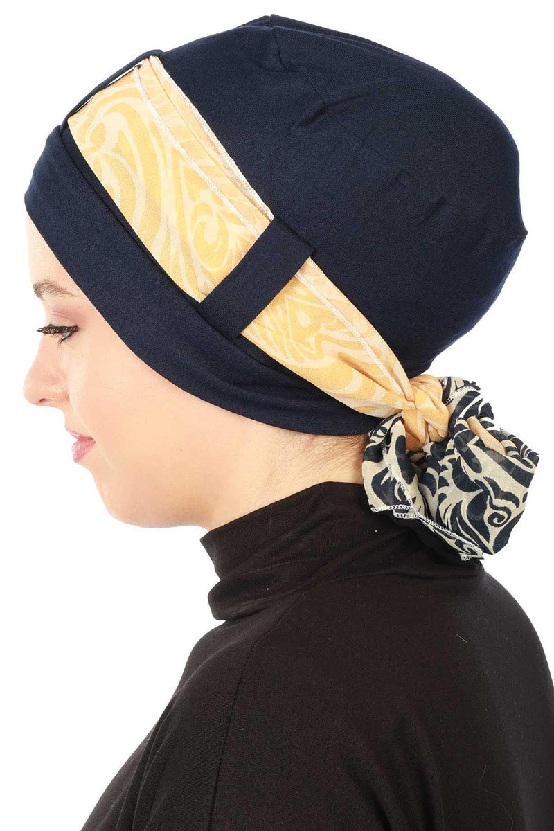 Turban Bonnet Cap with Long Patterned Chiffon Belt, Stylish Cotton Instant Turban, Removable Chiffon Belted Turban Scarf Headwrap,B-36D
