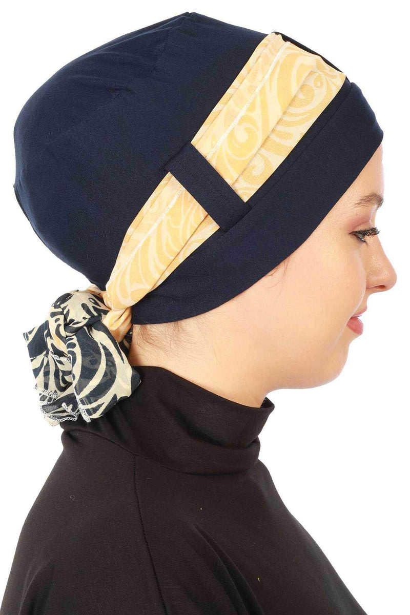 Turban Bonnet Cap with Long Patterned Chiffon Belt, Stylish Cotton Instant Turban, Removable Chiffon Belted Turban Scarf Headwrap,B-36D