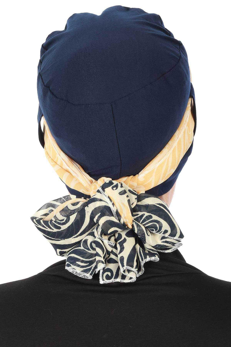 Turban Bonnet Cap with Long Patterned Chiffon Belt, Stylish Cotton Instant Turban, Removable Chiffon Belted Turban Scarf Headwrap,B-36D
