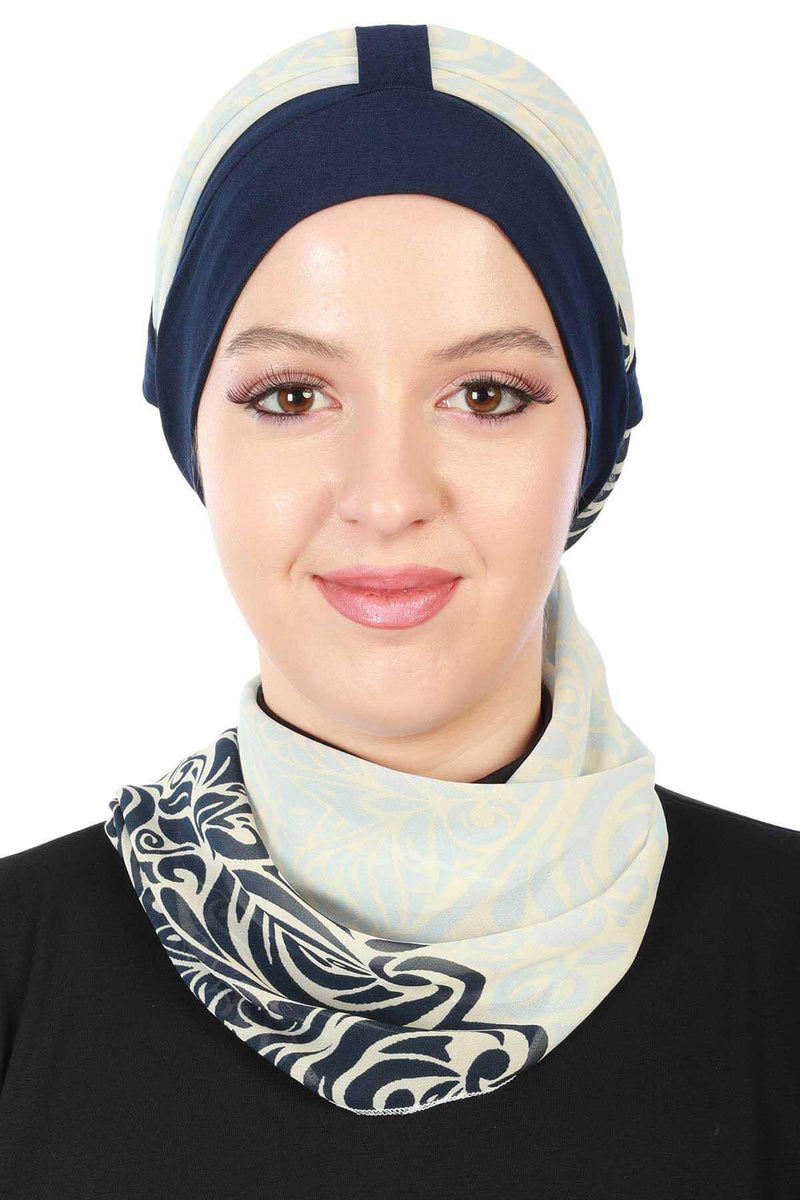 Turban Bonnet Cap with Long Patterned Chiffon Belt, Stylish Cotton Instant Turban, Removable Chiffon Belted Turban Scarf Headwrap,B-36D