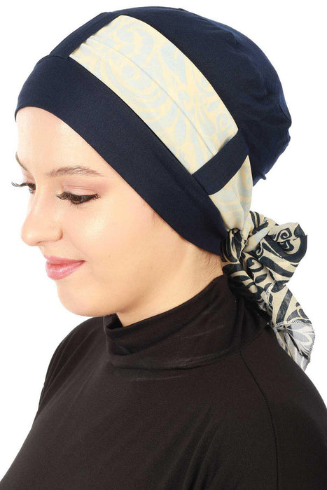 Instant Turban Cotton Scarf Head Wrap Lightweight Multicolor Headwear Patterned Bonnet Cap with Stylish Chiffon Band,B-36D