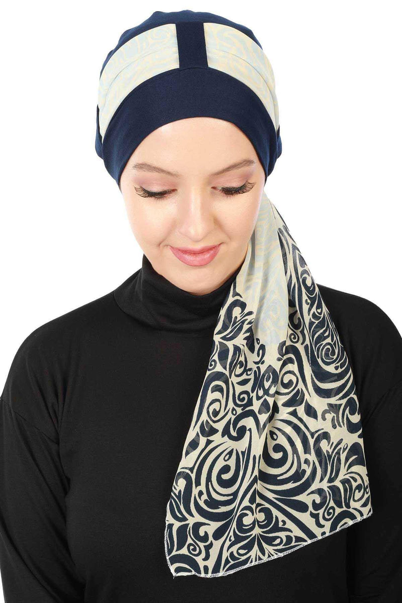 Turban Bonnet Cap with Long Patterned Chiffon Belt, Stylish Cotton Instant Turban, Removable Chiffon Belted Turban Scarf Headwrap,B-36D