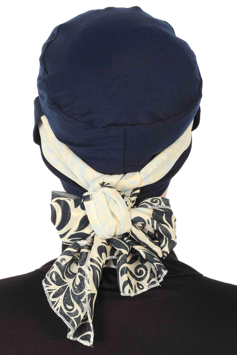 Turban Bonnet Cap with Long Patterned Chiffon Belt, Stylish Cotton Instant Turban, Removable Chiffon Belted Turban Scarf Headwrap,B-36D