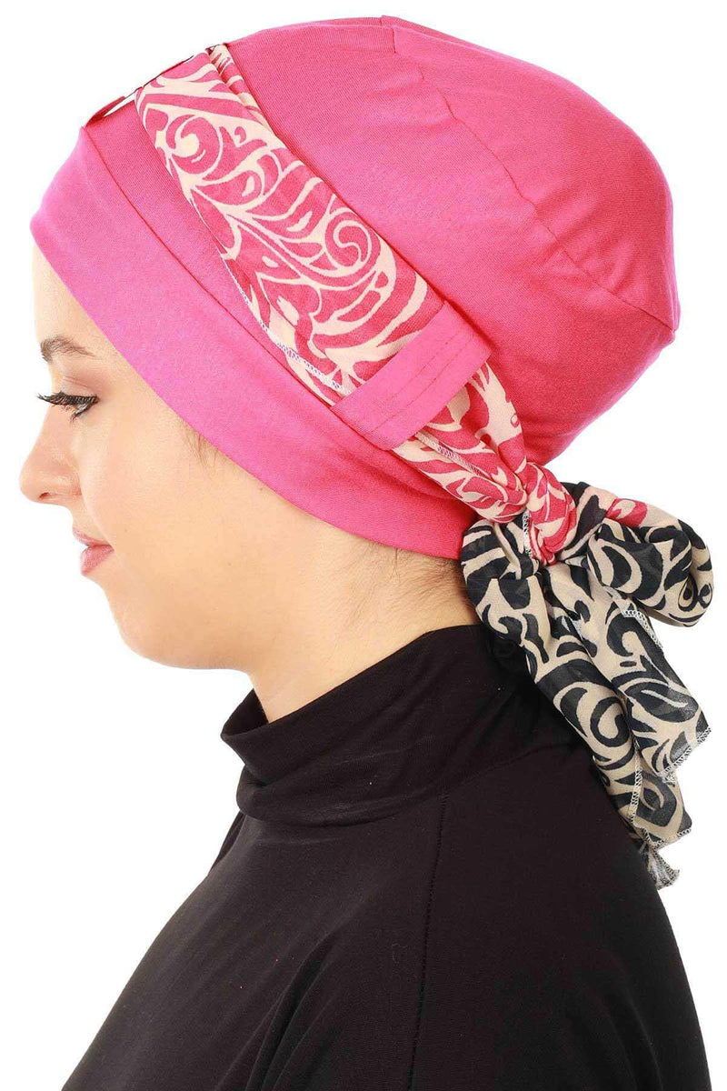 Turban Bonnet Cap with Long Patterned Chiffon Belt, Stylish Cotton Instant Turban, Removable Chiffon Belted Turban Scarf Headwrap,B-36D