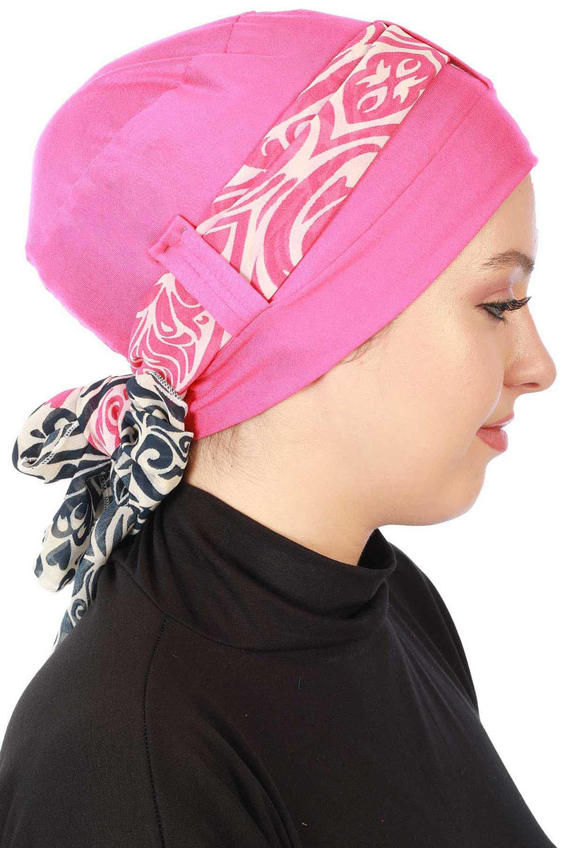 Turban Bonnet Cap with Long Patterned Chiffon Belt, Stylish Cotton Instant Turban, Removable Chiffon Belted Turban Scarf Headwrap,B-36D