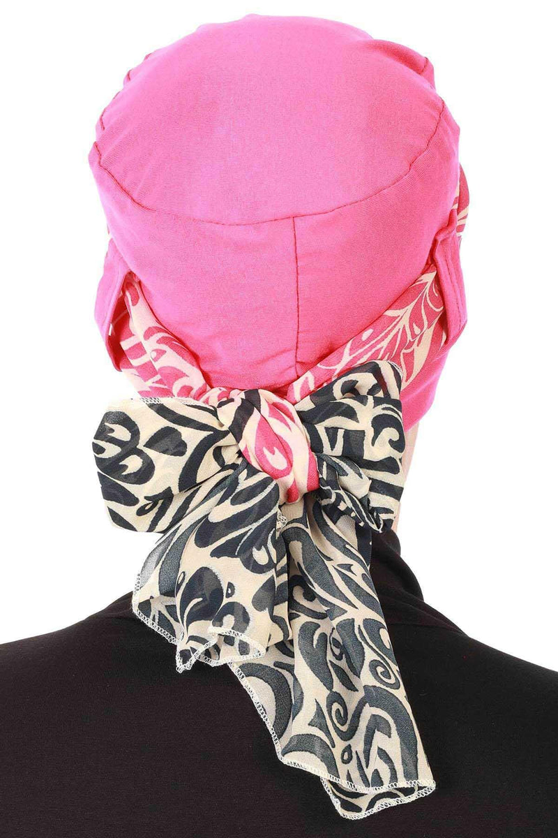 Turban Bonnet Cap with Long Patterned Chiffon Belt, Stylish Cotton Instant Turban, Removable Chiffon Belted Turban Scarf Headwrap,B-36D